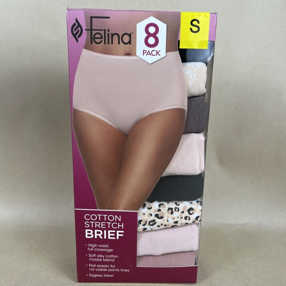 Felina Womens 8 Pack Cotton Modal Stretch Brief‎ High Waist Tagless Label S